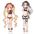  2girls ankle_ribbon arm_ribbon barefoot bikini blonde_hair blue_eyes blush bonnet bow choker drill_hair flower hairband long_hair multiple_girls navel red_eyes rose rozen_maiden shinku silver_hair sketch suigintou swimsuit twintails uzuki_tsukushi very_long_hair white_background 