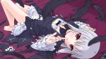  1girl barefoot black_feathers blurry bow depth_of_field feathers finger_to_mouth frills gothic_lolita hairband_removed highres k10k lolita_fashion long_hair looking_at_viewer lying on_back rozen_maiden silver_hair smile solo suigintou thighhighs_removed 