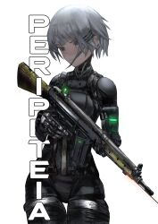  1girl battle_rifle black_bodysuit body_armor bodysuit cowboy_shot cyberpunk cyborg english_commentary greek_text grey_hair gun h&amp;k_g3 hair_ornament hairclip hedprotag highres holding holding_gun holding_weapon laser_sight looking_to_the_side marie_(peripeteia) mechanical_hands peripeteia rifle short_hair simple_background smile solo standing turning_head vertical_text weapon weapon_focus white_background 