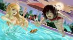  4girls bikini black_hair blake_belladonna blonde_hair blue_eyes bra breasts clouds cookie drink food full_moon highres long_hair moon multiple_girls one-piece_swimsuit ponytail pool reaching_out ruby_(rwby) rwby short_hair signature splashing sunglasses swimsuit umbrella underwear violet_eyes weiss_schnee white_hair yang_xiao_long yuugyou_you 