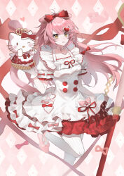  1girl :d absurdres argyle_background arknights blush bow chinese_commentary commentary crown dress frilled_bow frills gloves goldenglow_(arknights) goldenglow_(party_in_the_garden)_(arknights) hair_bow hair_ornament haoyou_xiao_tianshi heart heart_hair_ornament hello_kitty hello_kitty_(character) highres holding leg_up long_hair looking_at_viewer official_alternate_costume open_mouth pantyhose pink_background pink_hair puffy_short_sleeves puffy_sleeves red_bow sanrio short_sleeves smile solo star_(symbol) white_dress white_gloves white_pantyhose 