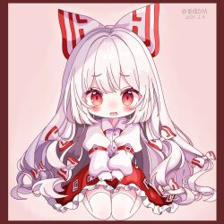  1girl absurdres blush bow chibi commentary_request embarrassed frilled_skirt frills hair_bow highres juliet_sleeves kamishirasawa_keine liefeng_dm long_hair long_sleeves open_mouth puffy_sleeves red_eyes red_skirt red_suspenders seiza shirt sitting skirt sleeve_garter solo suspender_skirt suspenders thigh-highs touhou very_long_hair wavy_mouth white_bow white_hair white_shirt white_thighhighs 