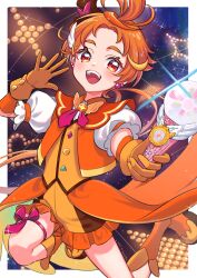  1boy absurdres ahoge boots brooch bun_(jewd5385) coattails collared_shirt commentary cure_wing earrings feather_hair_ornament feathers frilled_shorts frills gloves hair_ornament hat henshin highres holding jacket jewelry jumping knee_boots layered_gloves leg_ribbon legs_up long_hair looking_at_viewer magical_boy male_focus mini_hat mini_top_hat open_mouth orange_footwear orange_gloves orange_hair orange_jacket orange_shorts orange_vest puffy_short_sleeves puffy_sleeves red_eyes red_ribbon ribbon shirt short_shorts short_sleeves shorts sky_mirage smile solo sparkle standing tilted_headwear top_hat vest white_shirt wing_brooch 