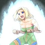  1girl aura bare_shoulders blonde_hair blue_eyes breasts cleavage final_fantasy final_fantasy_tactics fingerless_gloves gloves large_breasts monk_(fft) open_mouth powering_up revision short_hair solo tsukudani_(coke-buta) unitard 