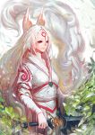  1girl amaterasu animal_ears highres japanese_clothes japanese_mythology karasu-san_(syh3iua83) long_hair smile sword very_long_hair weapon white_hair wolf_ears 