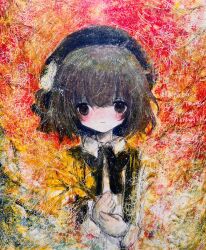  1girl beret blush brown_hair hat hatoba_tsugu highres kaikanaaaaa pale_skin scribble shirt solo tsugu_(vtuber) virtual_youtuber white_shirt 