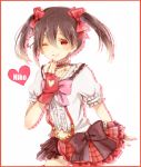  1girl black_hair border bow fingerless_gloves gloves hair_bow heart looking_at_viewer love_live!_school_idol_project poison916 red_eyes short_hair skirt smile solo twintails white_background wink yazawa_nico 