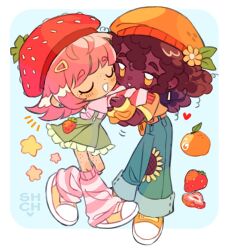  2girls afro arm_warmers beanie blue_background blue_pants body_freckles border brown_hair cheek-to-cheek closed_eyes commentary dark-skinned_female dark_skin deformed denim earrings facing_another fewer_digits flipped_hair flower food food-themed_hat freckles frilled_skirt frills fruit full_body green_skirt grin hair_flower hair_ornament hairclip hat heads_together heart highres hug jeans jewelry leaf leg_warmers looking_at_another medium_hair multiple_girls no_pupils notice_lines orange_(fruit) orange_arm_warmers orange_blossom_(sbsc) orange_eyes orange_footwear orange_hat outside_border pants pink_hair pink_leg_warmers pink_shirt red_hat sharpycharot shirt short_sleeves simple_background skirt smile standing star_(symbol) strawberry strawberry_shortcake_(character) strawberry_shortcake_(series) strawberry_slice striped_clothes striped_leg_warmers stud_earrings suspender_skirt suspenders tassel tassel_earrings u_u very_dark_skin white_border yellow_flower 