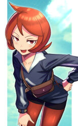  arezu_(pokemon) blue_sky blush hand_on_hip hand_on_thigh red_eyes red_hair sachiel short_hair shorts silverchariotx smile tights 