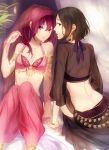  2girls amakata_miho arm_support armlet bangle bed_sheet bra bracelet brown_eyes brown_hair curtains ear_ornament free! jewelry leaf long_hair looking_at_viewer matsuoka_gou multiple_girls open_mouth pants ponytail red_bra red_eyes redhead see-through shirosaki_(233144) short_hair sitting underwear veil 