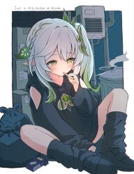  1girl alley baggy_clothes baggy_socks between_fingers black_footwear black_hoodie border box cardboard_box chain chain_necklace cigarette cigarette_pack cross-shaped_pupils drawstring english_text full_body genshin_impact gradient_hair hair_ornament half_crown_braid highres holding holding_cigarette hood hood_down hoodie jewelry leaf_hair_ornament long_sleeves mouth_hold multicolored_hair nahida_(genshin_impact) necklace outside_border pointy_ears sasanekomaru shoulder_peek side_ponytail smoke smoke_trail smoking socks solo symbol-shaped_pupils trash trash_bag trash_can white_border 