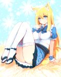  1girl alternate_costume animal_ears aoi_(naomi) blonde_hair blue_background blue_eyes bow breasts fox_ears fox_tail impossible_clothes large_breasts looking_at_viewer naomi_(sekai_no_hate_no_kissaten) original puffy_sleeves sandals sitting skirt smile solo tail thigh-highs thighs 