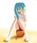  1girl aqua_eyes aqua_hair basketball bottle hatsune_miku sitting socks solo twintails vocaloid wink 