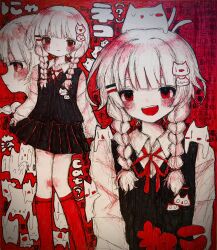  1girl blush braid cat cat_hair_ornament commentary hair_ornament hairclip highres kaikanaaaaa open_mouth original pale_skin red_eyes scribble shirt skirt smile solo symbol-only_commentary twin_braids white_hair white_shirt 