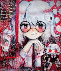  1girl ? ?? bandaged_arm bandages blood blush chibi commentary dress ghost glasses highres kaikanaaaaa original pale_skin scribble smile solo symbol-only_commentary white_hair 