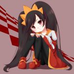  1girl ashley black_hair checkered dress hands_on_knees hikataso long_hair looking_at_viewer red_eyes shadow sitting solo stuffed_animal stuffed_toy twintails warioware 