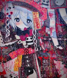 1girl absurdres bandaged_leg bandages blood blush commentary eyeball_hair_ornament ghost hat highres kaikanaaaaa original pale_skin panda panda_girl_(kaikanaaaaa) scribble symbol-only_commentary undead white_hair 