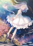  1girl arms_behind_back bare_arms barefoot bubble coral dress fish grey_eyes highres long_hair looking_at_viewer looking_back original shoulderless_dress silver_hair solo star sugi turning underwater very_long_hair white_dress wrist_cuffs 