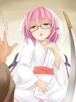  1girl animal_ears bespectacled girl_on_top glasses japanese_clothes katana looking_at_viewer mystia_lorelei ogami_kazuki open_mouth pink_hair red_eyes short_hair solo_focus sword touhou weapon wings 