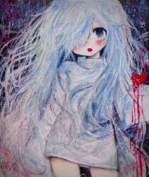  1girl :o blood blush commentary hair_over_one_eye heart highres kaikanaaaaa long_hair original pale_skin scribble solo symbol-only_commentary turtleneck white_hair 