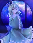  1girl blue_eyes bow collarbone dress furomaaju_(fromage) hands_in_sleeves hat highres looking_at_viewer milky_way night night_sky short_hair silver_hair sky smile soga_no_tojiko solo star_(sky) starry_sky tate_eboshi touhou window 