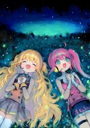  2girls ahoge black_shirt black_skirt blonde_hair blue_bow blue_eyes blush bow collared_shirt commentary facial_mark frilled_skirt frills grey_bow grey_skirt hair_between_eyes hair_bow hands_up headphones headset long_hair lying mechuragi multiple_girls night night_sky on_back on_grass outdoors own_hands_together pink_hair pink_shirt pleated_skirt seeu shirt side_ponytail skirt sky sleeveless sleeveless_shirt star_(sky) star_(symbol) starry_sky thigh-highs two_side_up uni_(vocaloid) very_long_hair vocaloid white_thighhighs wrist_cuffs 