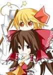  2girls anger_vein ascot biting blonde_hair bow brown_eyes brown_hair detached_sleeves gohei hair_bow hair_tubes hakurei_reimu head_biting hitting long_hair looking_at_viewer multiple_girls parted_lips red_eyes rumia shiki_(gjmatpw) short_hair simple_background star touhou white_background 