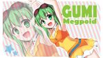  1girl arms_up character_name goggles goggles_on_head green_eyes green_hair gumi highres open_mouth short_hair skirt solo star vocaloid wallpaper win_opz zoom_layer 