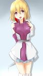  1girl arm_behind_back blonde_hair character_request gundam gundam_seed gundam_seed_destiny highres knife kudrove looking_at_viewer open_mouth shadow skirt smile solo violet_eyes 