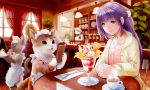  apron bartender cat coffee cup green_eyes headdress long_hair parfait purple_hair smile soujirou spoon sweater waitress 