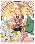  3girls blonde_hair bowtie braid brooch brown_gloves character_request closed_eyes dress elbow_gloves flower friends gloves green_skirt hair_bun hat highres holding_hands jewelry lily_(flower) long_hair lying multiple_girls musical_note necklace parted_lips profile short_hair shoulderless_dress silvis skirt skirt_set sleeves_past_wrists star very_short_hair white_dress white_gloves yellow_eyes 