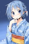  1girl blue_eyes blue_hair blush highres japanese_clothes kimono mahou_shoujo_madoka_magica miki_sayaka night short_hair smile solo star_(sky) u_u_(mooooooou) 
