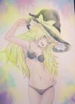  1girl :d absurdres armpits bikini black_bikini blonde_hair bow braid collarbone eyelashes hand_on_hat hat highres kirisame_marisa open_mouth simple_background single_braid small_breasts smile solo swimsuit teeth touhou traditional_media watercolor_(medium) witch_hat yellow_eyes yuyu_(00365676) 