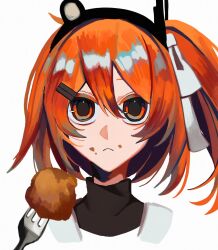  1girl a.i._voice abimaru087 adachi_rei black_shirt closed_mouth food food_on_face fork hair_ornament hair_ribbon hairclip headlamp highres jacket looking_at_viewer meatball orange_eyes orange_hair portrait radio_antenna ribbon shirt side_ponytail simple_background solo utau white_background white_ribbon white_shirt 