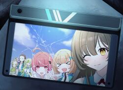  6+girls absurdres ahoge bangs_pinned_back blonde_hair bow_hairband breasts brown_hair fish_hair_ornament green_hair hair_bun hair_ornament hairband heaven_burns_red highres large_breasts long_hair mochinemono multicolored_hair multiple_girls ooshima_ichiko ooshima_isuzu ooshima_minori ooshima_muua ooshima_niina ooshima_yotsuha open_mouth red_eyes red_hair sextuplets short_hair siblings sisters team_31e_(heaven_burns_red) two_side_up yellow_eyes 