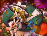  1girl :o apron basket blonde_hair bow braid branch broom chibi grass hair_bow hat hat_ornament hat_ribbon highres kakiikada kirisame_marisa kneehighs leaf long_hair looking_away mushroom puffy_short_sleeves puffy_sleeves ribbon short_sleeves single_braid sitting_on_object skirt skirt_set solo star touhou waist_apron witch_hat yellow_eyes 