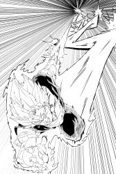  1boy absurdres arm_blade aura clenched_teeth dougi dragon_ball dragon_ball_z earrings energy_sword flying gloves highres jewelry kazumax76 male_focus medium_hair monochrome potara_earrings smirk solo speed_lines spiky_hair sword teeth vegetto weapon 