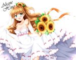  1girl aqua_eyes bare_shoulders blush bouquet breasts brown_hair character_name cleavage dress flower hair_flower hair_ornament hino_akane_(idolmaster) idolmaster idolmaster_cinderella_girls long_hair open_mouth petals ponytail simple_background solo sunflower tsukudani_norio wedding_dress white_background 