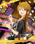  1girl :d bag blue_eyes bracelet brown_hair casual character_name clothes_writing handbag idolmaster idolmaster_million_live! jewelry long_hair looking_at_viewer necklace official_art open_mouth smile solo tokoro_megumi 