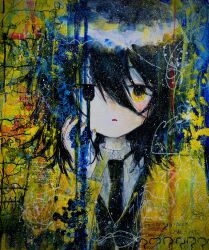  1girl black_hair black_necktie commentary heterochromia highres jacket kaikanaaaaa necktie original pale_skin scribble shirt solo symbol-only_commentary white_shirt yellow_nails 