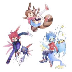  1girl 2boys :d :p animal_ears black_footwear black_jacket black_pants blue_eyes blue_hair blue_overalls blue_skin brown_eyes brown_hair claws colored_skin ethan_(pokemon) forehead_jewel full_body fusion highres jacket lanturn long_hair looking_at_viewer lyra_(pokemon) multiple_boys one_eye_closed overalls pants pokemon pokemon_(creature) pokemon_hgss purple_pants red_eyes red_footwear red_hair red_jacket red_shirt sentret shirt silver_(pokemon) simple_background smile sneasel tail tan_carbonnn thigh-highs tongue tongue_out violet_eyes white_background white_thighhighs 