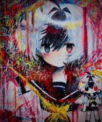  1girl blush chibi commentary heterochromia highres kaikanaaaaa original pale_skin scribble shirt short_hair socks solo symbol-only_commentary white_hair 