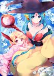  2girls aqua_eyes aqua_hair bare_shoulders blonde_hair braid breasts hat highres kodamari long_hair looking_at_viewer magi_the_labyrinth_of_magic multiple_girls pisti red_eyes shell shell_bikini short_hair single_braid smile staff v witch_hat yamuraiha 