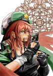  1girl adapted_costume bandages braid breasts brown_eyes ear_piercing fingerless_gloves gloves hat high_collar hong_meiling large_breasts long_hair mouth_pull piercing redhead single_braid solo soweldao star star-shaped_pupils symbol-shaped_pupils taut_clothes touhou 