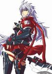  1girl ahoge blazblue boots breasts elbow_gloves fingerless_gloves genderswap gloves green_eyes heterochromia highres jacket long_hair multiple_belts ponytail ragna_the_bloodedge red_eyes red_jacket ribbon shisho0602 shorts silver_hair sword thigh-highs thigh_boots very_long_hair weapon 