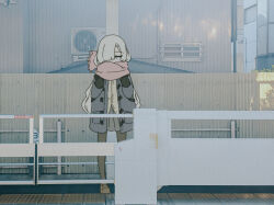  1girl alternate_costume black_gloves blonde_hair blue_eyes brown_footwear brown_pantyhose brown_shirt building coat day fence full_body gloves grey_coat grey_skirt hair_over_one_eye half-closed_eye hands_up highres isekaijoucho kamitsubaki_studio long_hair looking_down one_eye_covered outdoors pantyhose photo_background pink_scarf pleated_skirt scarf shirt shoes skirt solo standing su_(bell_memo) tactile_paving train_station_platform virtual_youtuber winter_clothes 