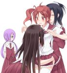  4girls :d :o ahoge bangs blood blue_eyes blush brown_hair character_request flat_chest hair_between_eyes hair_ornament hairclip highres hug long_hair maya_yukiko multiple_girls necktie nosebleed open_mouth panties panty_pull pleated_skirt purple_hair red_eyes redhead restrained saki school_uniform serafuku shirt shishihara_sawaya short_hair short_sleeves side_ponytail simple_background skirt smile suzushiro_yukari thigh-highs two_side_up underwear very_long_hair white_background white_legwear yuri zettai_ryouiki 