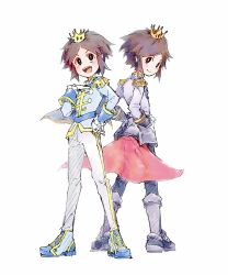  1boy :d black_pants blue_footwear blue_shirt bright_pupils brown_eyes brown_hair crown epaulettes full_body gloves grey_footwear grey_shirt highres long_sleeves looking_at_viewer male_focus mini_crown multiple_views nate_(champion)_(pokemon) nate_(pokemon) official_alternate_costume open_mouth pants pokemon pokemon_bw2 pokestar_studios shirt short_hair simple_background smile solo standing tan_carbonnn white_background white_gloves white_pants white_pupils 