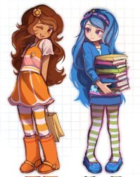  2girls ;d arms_behind_back back-to-back bag blue_eyes blue_footwear blue_hair blue_hairband blue_shirt blue_skirt blueberry_muffin_(sbsc) book book_stack boots brown_eyes brown_hair closed_mouth commentary corrupted_twitter_file dark-skinned_female dark_skin dress flower full_body green_pantyhose grid_background hair_flower hair_ornament hairband holding holding_bag holding_book japeell knee_boots long_hair long_sleeves looking_at_another looking_at_viewer multiple_girls one_eye_closed open_mouth orange_blossom_(sbsc) orange_dress orange_footwear orange_pantyhose pantyhose pigeon-toed polka_dot polka_dot_shirt shirt short_sleeves simple_background skirt sleeveless sleeveless_dress smile standing strawberry_shortcake_(2009) strawberry_shortcake_(series) striped_clothes striped_pantyhose swept_bangs teeth tongue two-tone_pantyhose upper_teeth_only very_long_hair white_background white_pantyhose white_shirt 