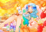  1girl :p barefoot blue_eyes blue_hair butterfly candle dress food fruit legs long_hair original smile solo strawberry sweets tatugon tongue wink 
